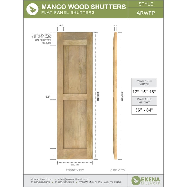 Americraft 2 Equal Flat Panel Exterior Real Wood Shutters, RW101FP18X39BRH